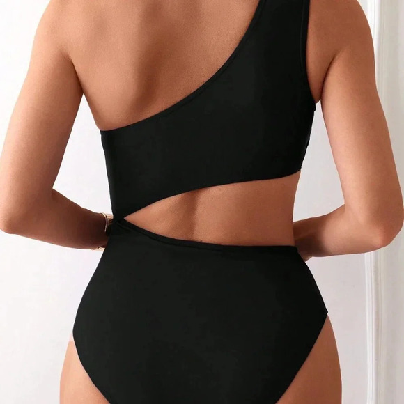 Black Women's Cut Out One Shoulder One Piece Swimsuit - Picture 2 of 6